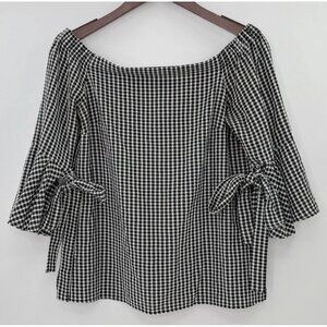 H&M‎ Check Off The Shoulder Black & White Flutter Tie Sleeve Blouse Sz  8 Preppy